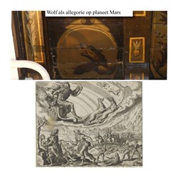 <p>Boven de plafondbeschildering, de wolf is een allegorie op de planeet Mars. Onder een prent uit de serie <em>Van de Seven Planeten en haer Werkingheen </em>van Harmen Jansz Muller naar Maarten van Heemskerck uit 1646. Mars rijdt in zijn wagen aan de hemel, getrokken door twee wolven (zie ook het Marsplafond in de hal). De tekens van Schorpioen en Ram geven aan welke mensen tot de invloedssfeer van Mars behoren. De mensen, die onder dit sterrenbeeld geboren zijn, zijn ruw en agressief. Op aarde wordt verkracht, geroofd, gedood en brandgesticht. [foto: Daan Wennips; prent: Rijksmuseum, RP-P-1982-306-20]</p>
